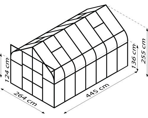 Afbeelding van een kas met afmetingen van 264 bij 445 bij 255 centimeter