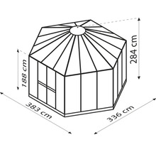 Tekening van een tuinhuis met afmetingen: 188 centimeter, 284 centimeter, 383 centimeter en 336 centimeter.