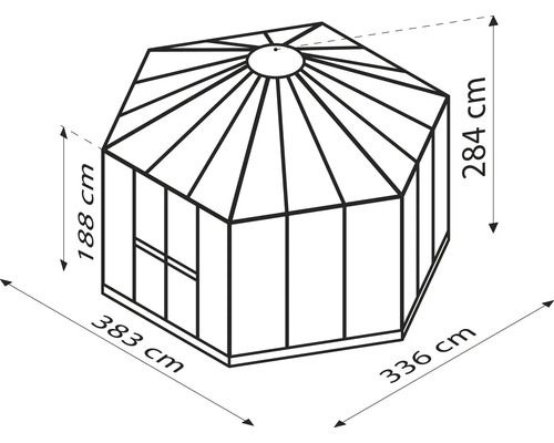 Technische tekening van een tuinpaviljoen met afmetingen