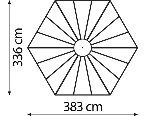 Afmetingen van een zeshoekige parasol: 336 cm hoog, 383 cm breed
