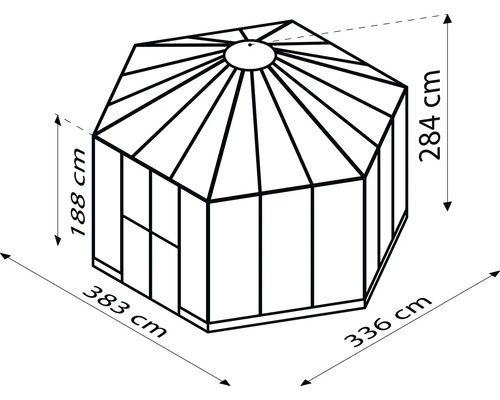 Tekening van een kas met de afmetingen 383 cm, 336 cm, 284 cm en 188 cm.