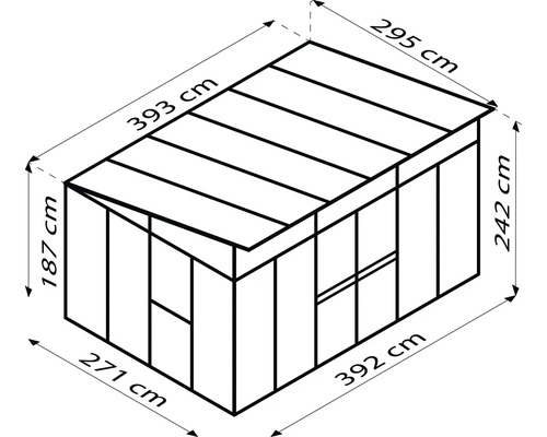 Tekening van een tuinhuis met afmetingen van 271 bij 392 bij 242 centimeter