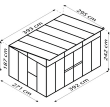 Illustratie van een tuinhuis met afmetingen: 271 cm x 392 cm basis, 242 cm hoogte, 187 cm x 393 cm overkapping en 295 cm dakbreedte