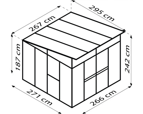 Schema tuinhuis met afmetingen.