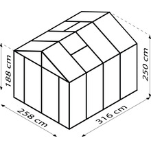 Afbeelding van een kas met de afmetingen 188 cm hoog, 258 cm breed en 316 cm lang