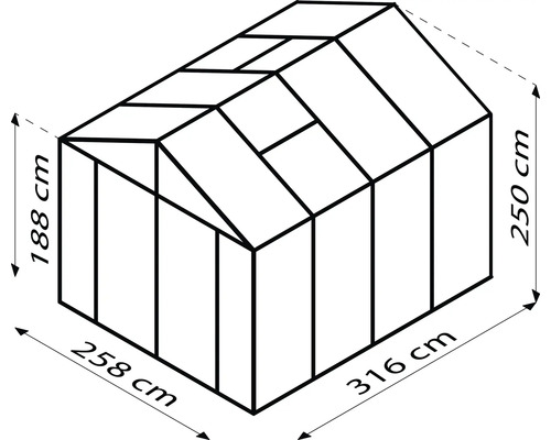 Afbeelding van een kas met de afmetingen 188 cm hoog, 258 cm breed en 316 cm lang