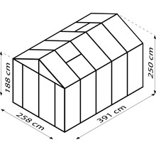 Diagram van een kas met afmetingen van 258 bij 391 centimeter en een hoogte van 188 tot 250 centimeter