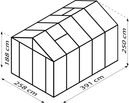 Illustratie van een kas met maatindicaties: hoogte 188 cm en 250 cm, breedte 258 cm, lengte 391 cm.