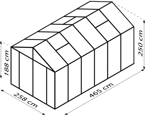 Schets van een kas met de afmetingen 188 cm hoogte vooraan, 250 cm hoogte achteraan, 258 cm breedte en 465 cm lengte