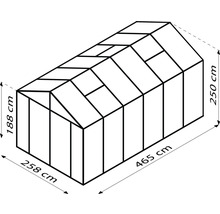 Illustratie van een kas met afmetingen van 258 x 465 x 250 centimeter