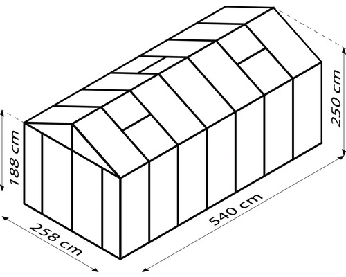 Technische tekening van een kas met de afmetingen 258 x 540 x 250 cm