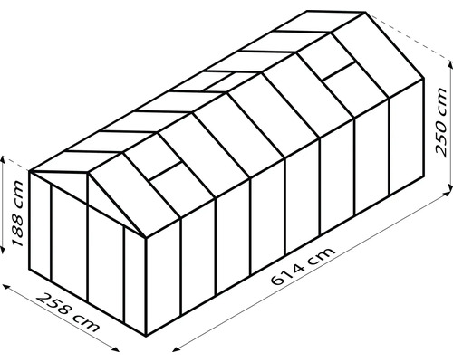 Diagram van een kas met afmetingen: hoogte 250 cm, breedte 258 cm, lengte 614 cm