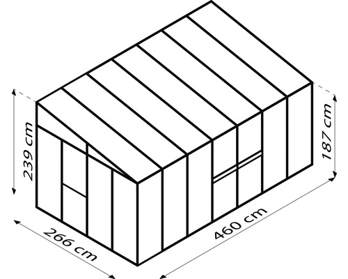 Illustratie van een tuinhuis met afmetingen: 239 cm hoogte, 187 cm zijwandhoogte, 266 cm breedte en 460 cm lengte.
