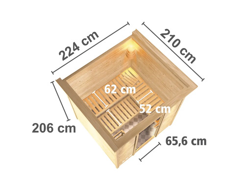 Illustratie van een sauna met afmetingen