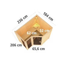 Illustratie van een elementensauna met afmetingen van lengte, breedte en hoogte.