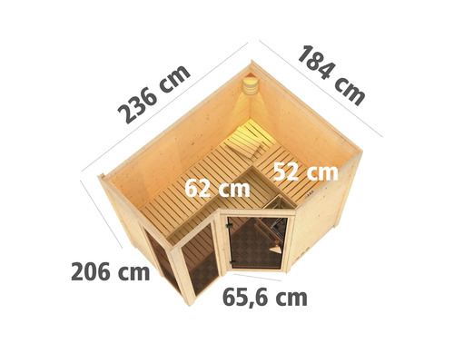 Illustratie van een elementensauna met afmetingen van lengte, breedte en hoogte.
