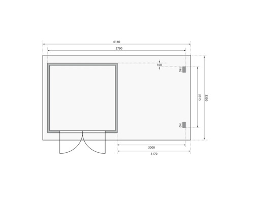 Plattegrond van een tuinhuis met maatvoering