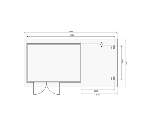 Plattegrond van een tuinhuis met afmetingen