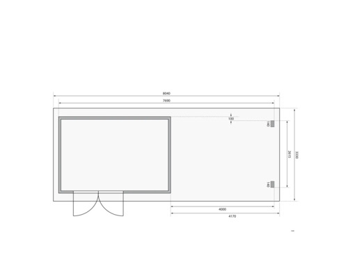 Plattegrond van een tuinhuis met afmetingen