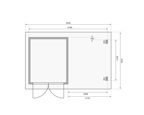 Technische tekening van een tuinhuis met afmetingen