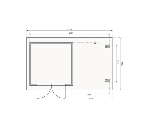 Plattegrondtekening van een tuinhuis met afmetingen.