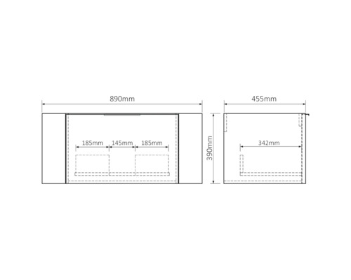 Technische tekening van een wastafelonderkast met maatvoering.