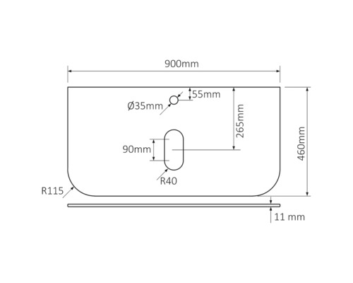 Technische tekening van een wastafel met afmetingen