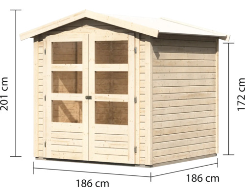 Houten tuinhuis met dubbele deur en ramen, afmetingen 186 x 186 x 201 centimeter