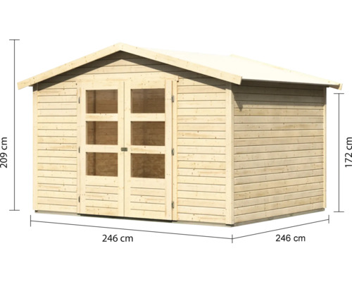 Houten tuinhuis met dubbele deur en afmetingen