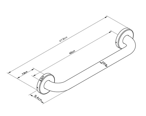 Tekening van een handgreep met afmetingen